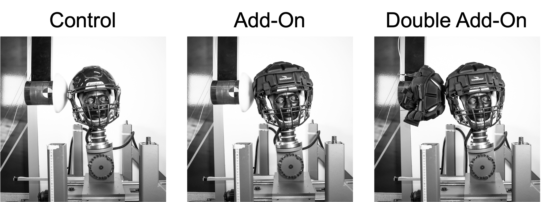 the helmet shell add-ons were tested with a rigid impactor and an impactor with a matched add-on to simulate both helmets being equipped with add-ons